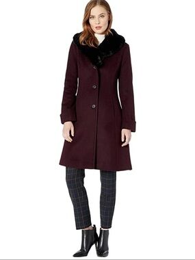 Lauren Ralph Lauren Faux Fur Burgundy Wool Blend Coat Women's Size 12 PETITE NWT
